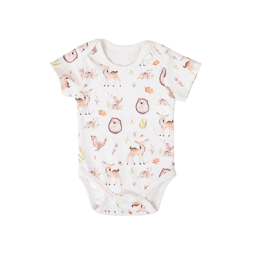 Baby onesie with cute deer, hedgehog, and bird print on white background, short sleeve infant bodysuit