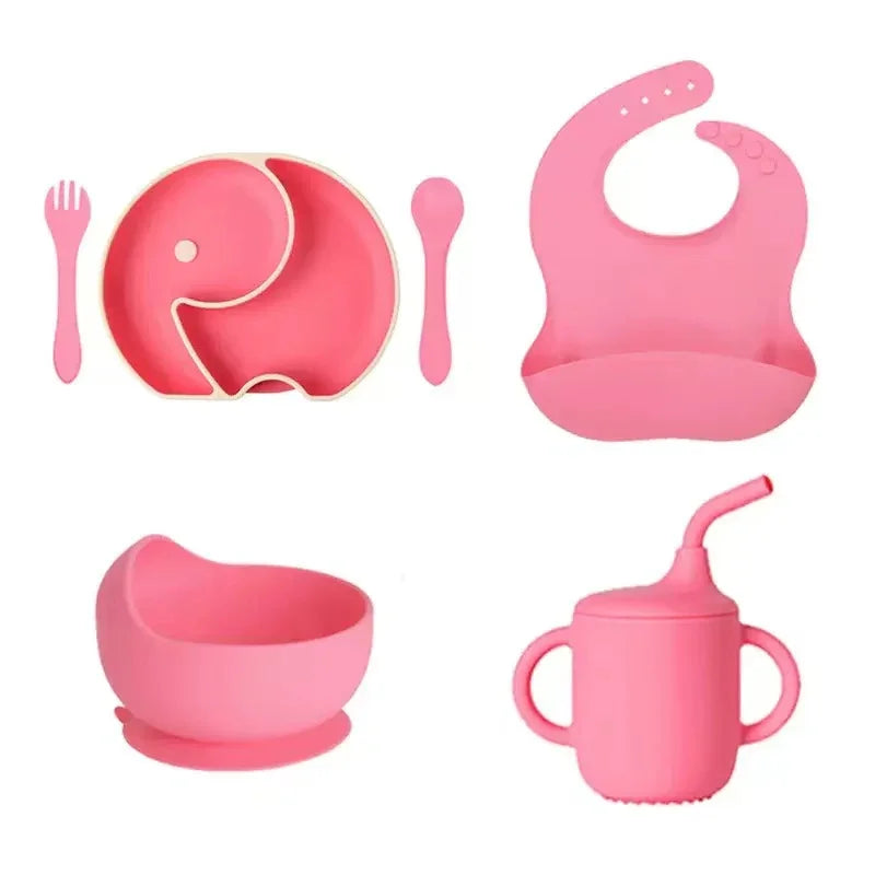 Pink silicone baby feeding set with elephant plate, bib, bowl, cup, fork & spoon for toddlers