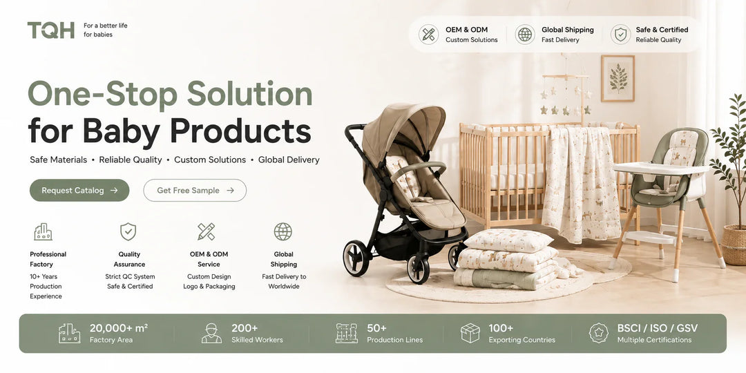 TQH Kids baby products including stroller, crib bedding, blankets and high chair