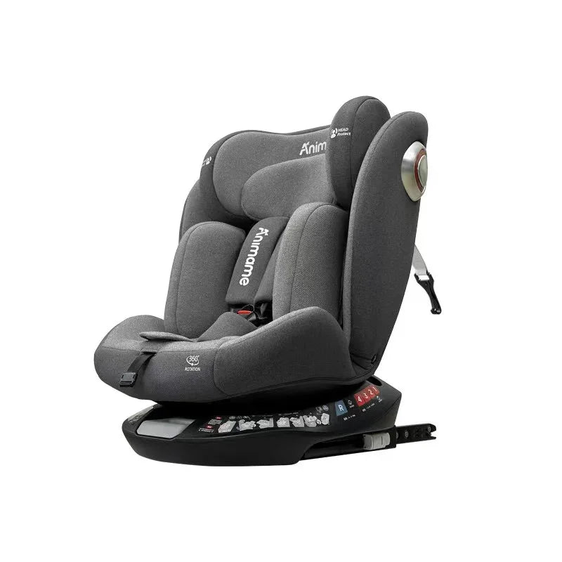 Gray Animame kids car seat with 360° rotation and head protection, designed for child safety