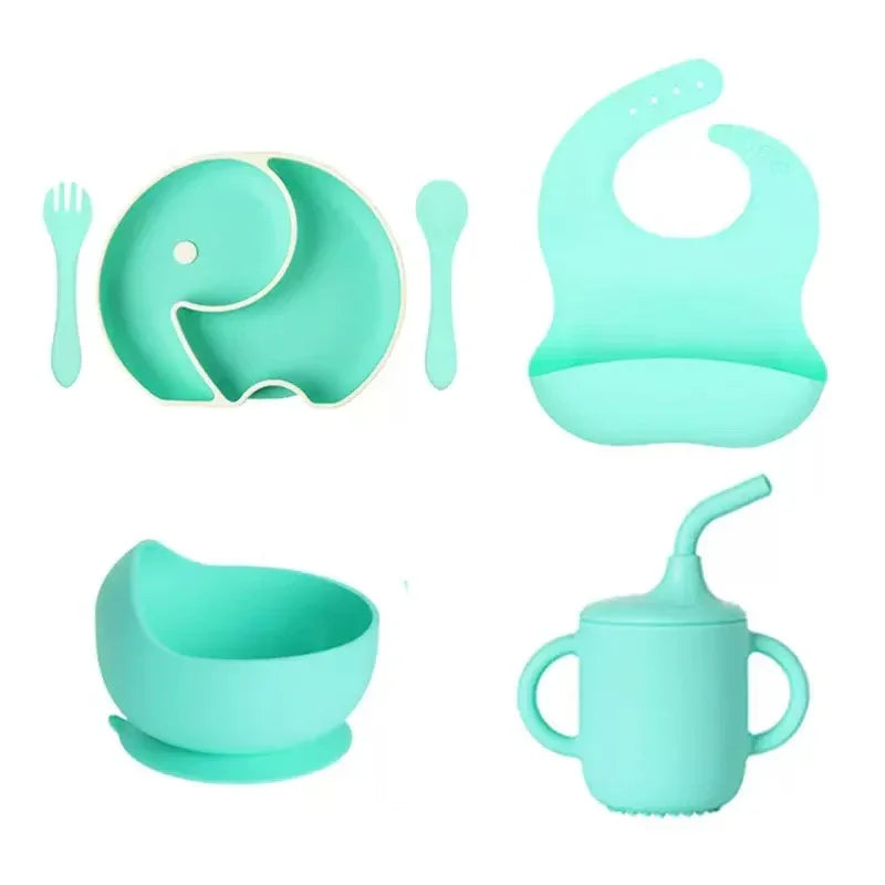 Mint green baby feeding set with elephant plate, bib, bowl, cup, fork, and spoon for toddlers