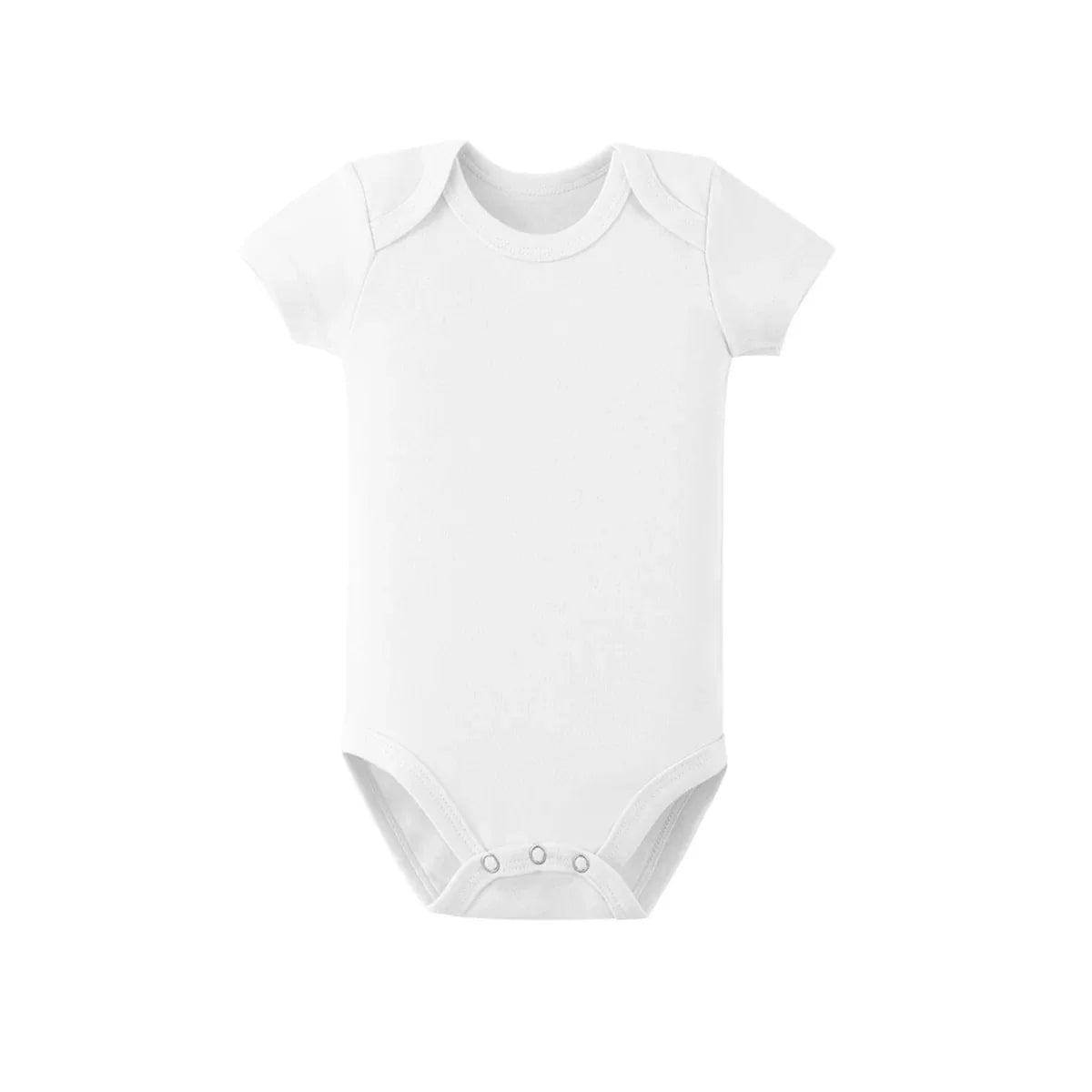 White baby onesie with short sleeves and snap closures, ideal for newborns and infants