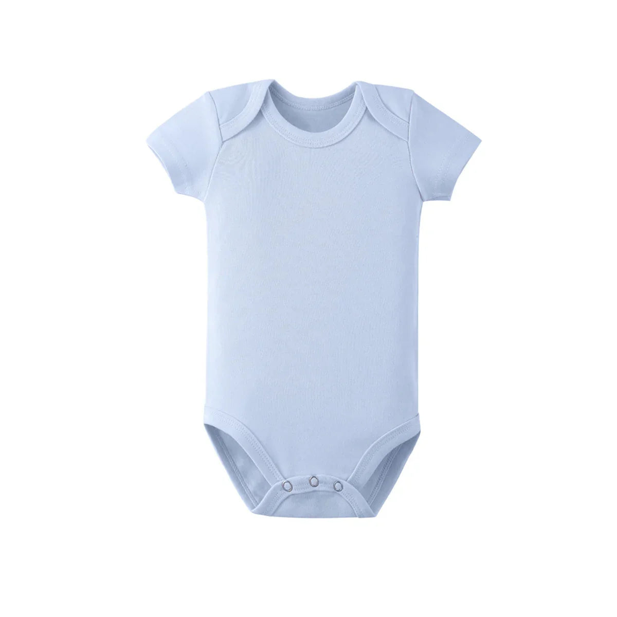 Light blue baby onesie with short sleeves and snap closures, ideal for newborns and infants.