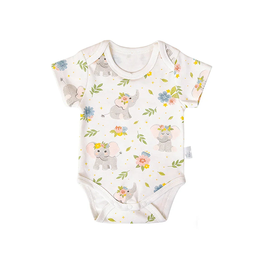 Baby onesie with cute elephant and floral print, short sleeve infant bodysuit for newborns